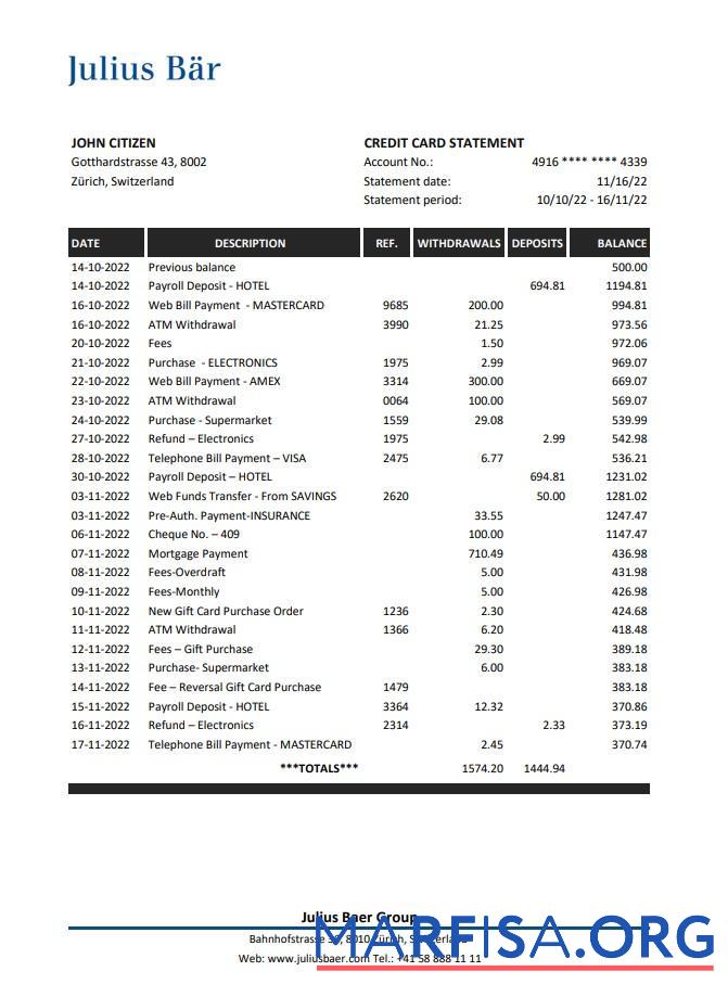 Printable Switzerland Julius Bar bank statement word example